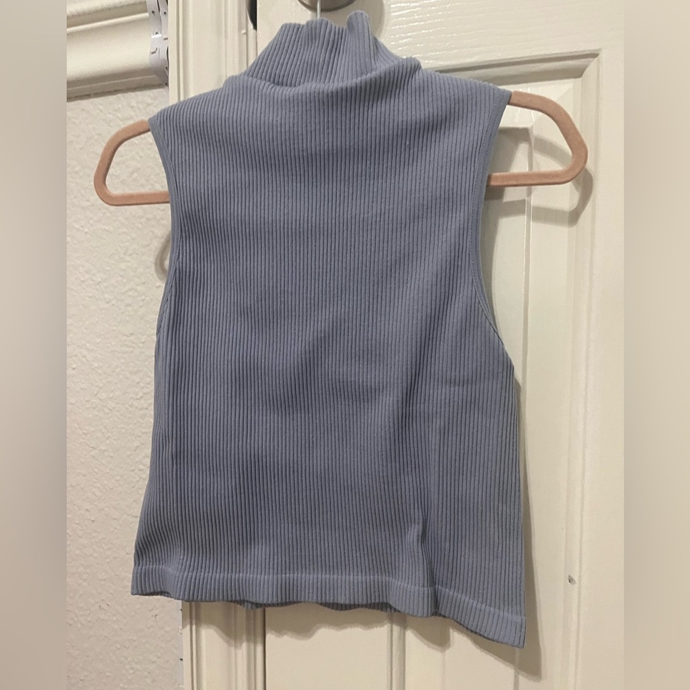 YOUCOM BLUE RIBBED SLIGHT TURTLENECK TANK TOP FORM FITTING CROPPED